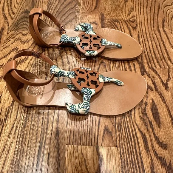 Tory Burch Blue Meridian Floral Fabric Miller Scarf Sandal - Picture 2 of 5